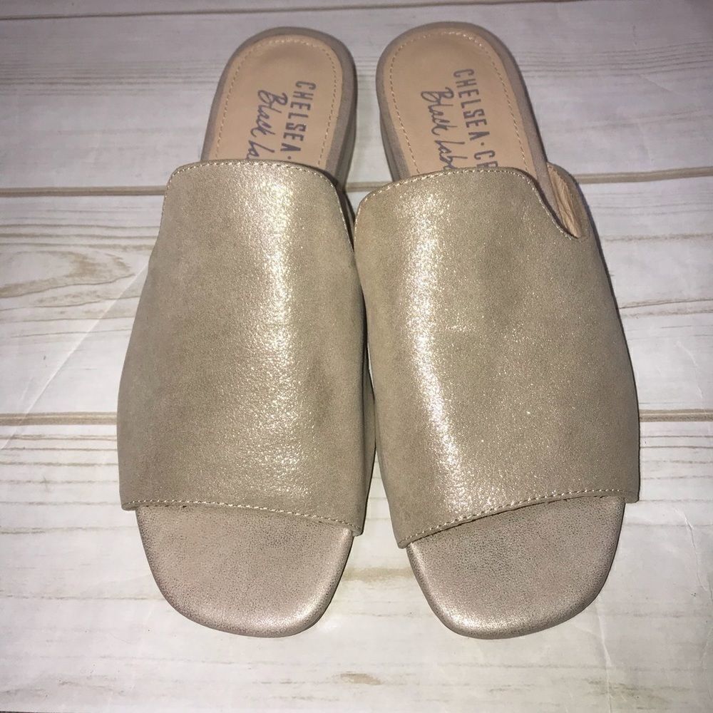 Chelsea Crew Black Label Gold Mules- Size 5-5.5